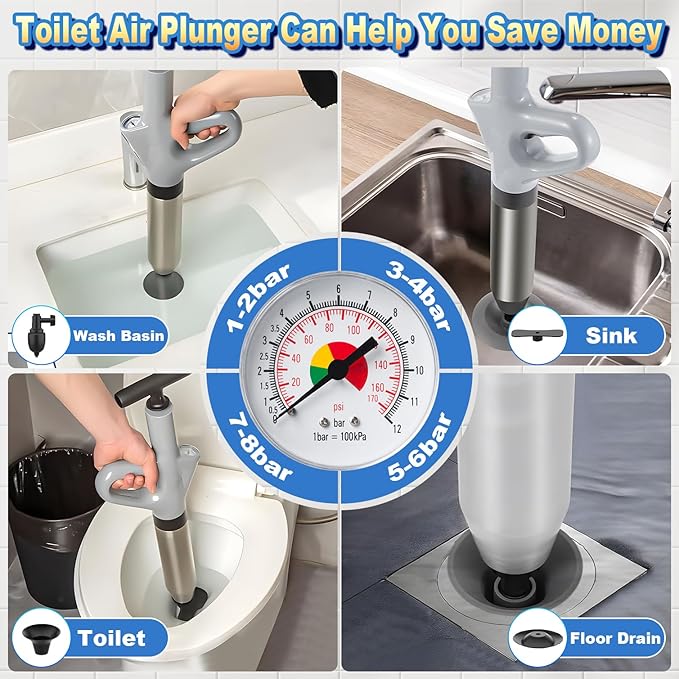 Mieaoll Toilet Plunger, High Pressure Toilet Plunger,Toilet Auger Air Drain Blaster with Real-Time, Heavy Duty Plunger for Bathroom and Plumbing Clogs (Grey)
