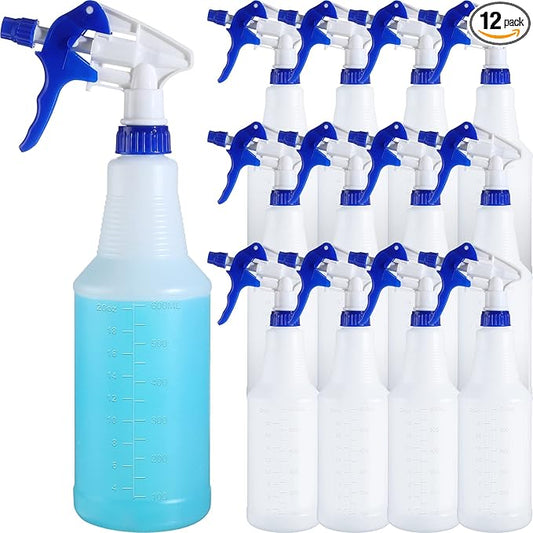 Eaasty 12 Pack Plastic Spray Bottles for Cleaning Solution 25 oz Leak Proof Mist Spraying Safe Squirt Bottle Refillable with Adjustable Head for Plants, Pet, Vinegar, BBQ(Blue)