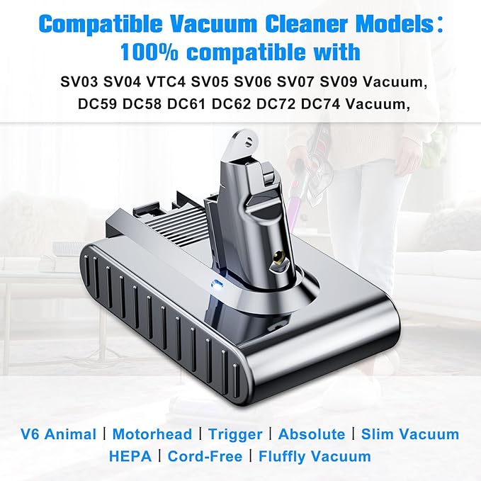 JUNWOOD 10000mAh Replacement for Dyson V6 Battery 21.6V Lithium VTC4 SV03 SV04 SV05 SV06 SV07 SV09 DC58 DC59 DC61 DC62 DC72 DC74 Absolute Animal Motorhead Slim Vacuum with 2 Filters (V6)