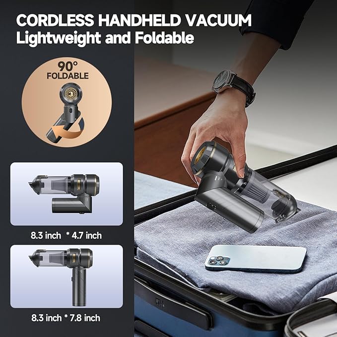 AIPROIN Car Vacuum Portable Cordless, Foldable Handheld Vacuum with Brushless Motor, 22000PA High Power Mini Hand Vacuum Cleaner & Air Blower & Duster & Pump for Home, Pet, Office