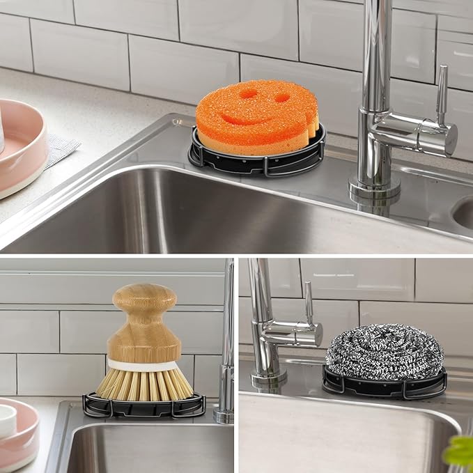 Stainless Steel Smiley Face Dish Sponge Holder, Black Sink Caddy for Kitchen Countertop, Soap Bar Dishes with Drainage, Self Draining Soap Dish Saver Shampoo Holder Tray Caddy for Scrubber