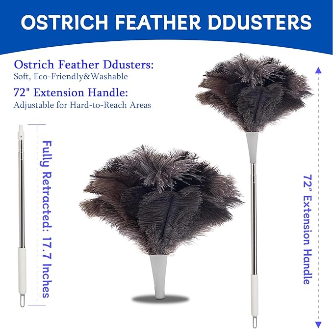 Madrigal 72" Extendable Ostrich Feather Duster for Cleaning, Washable and Reusable Long Handle Handheld Feather Duster for High Places, Home,Office Cleaning