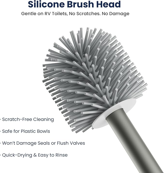 RV Toilet Brush and Holder Set- One-Piece Long Handle, Silicone Head, Magnetic Base- RV Bathroom Cleaning Kit, RV Essentials Accessories for Camper, Trailer, Motorhome