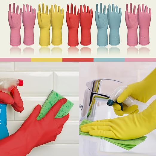 Cleaning Gloves Dishwashing Gloves - 5 Pairs Kitchen Dish Gloves Colorful Rubber Reusable for Household Washing Dishes Cleaning Gardening, Non-Slip for Women Men Small