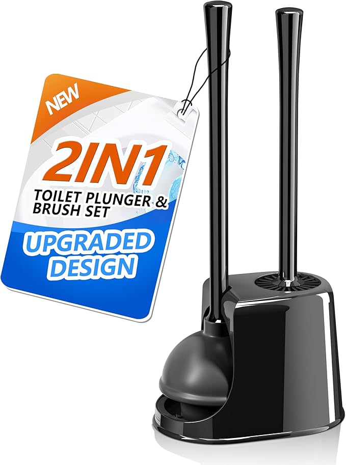 Toilet Plunger and Brush Set, Bowl Brush and Heavy Duty Toilet Brush with Ventilated Holder, 2-in-1 Toilet Brush and Plunger Combo for Bathroom Deeply Cleaning