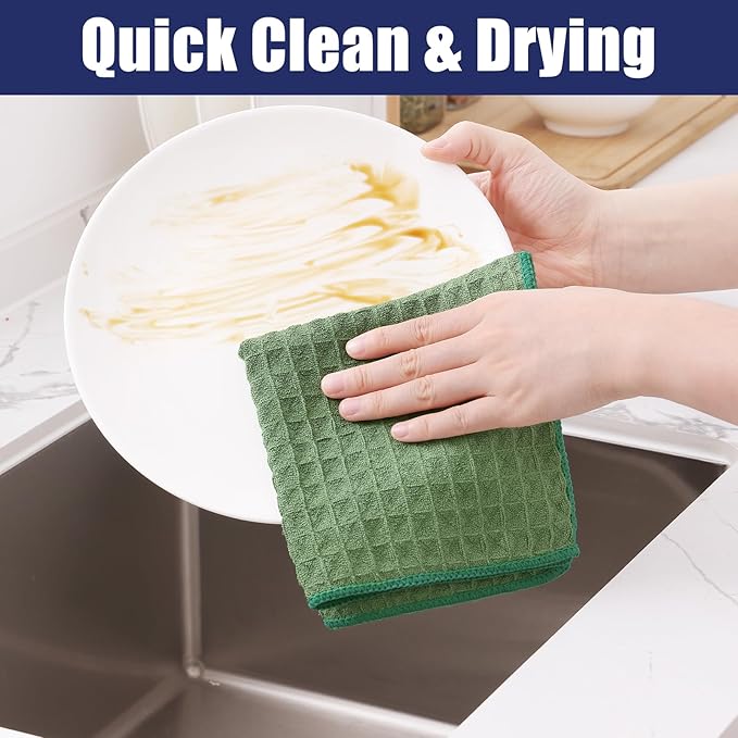 Homaxy Microfiber Waffle Weave Kitchen Towels, 16 x 28 Inch Ultra Absorbent and Solid Color Dish Towels, 6 Pack, Grass Green