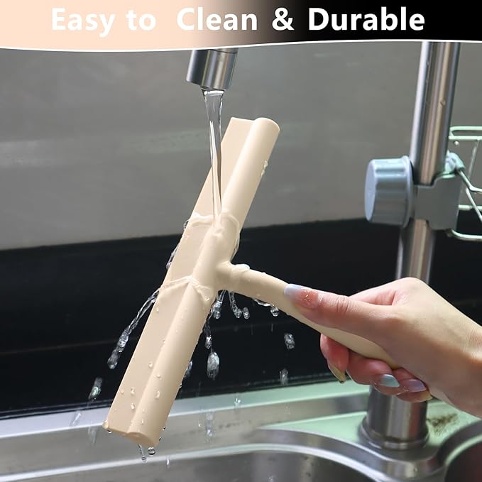 DEOFUXT Shower Squeegee for Glass Doors, Full Silicone Jacketed Squeegee with Ergonomic Handle & No-Drill Hook, Cleaning Tool for Windows, Mirrors, Tiles, Bathroom & Car - Beige