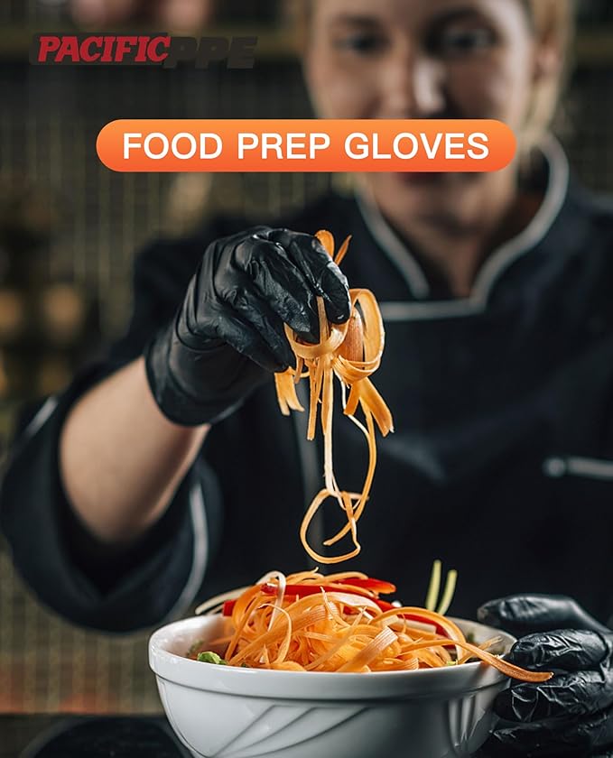 PACIFIC PPE 6-mil Black Nitrile Disposable Gloves, Food-Safe, Powder-Free, Cleaning, Textured Fingertips, Latex-Free, Small