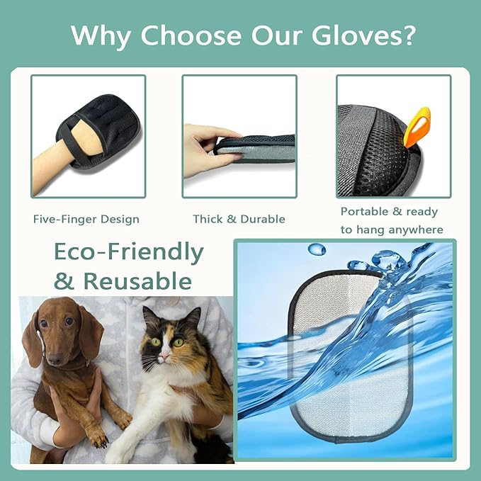 WQLTED 2-Pack Reusable Electrostatic Pet Hair Remover Gloves for Furniture, Carpets, Car Interiors & Auto Upholstery.