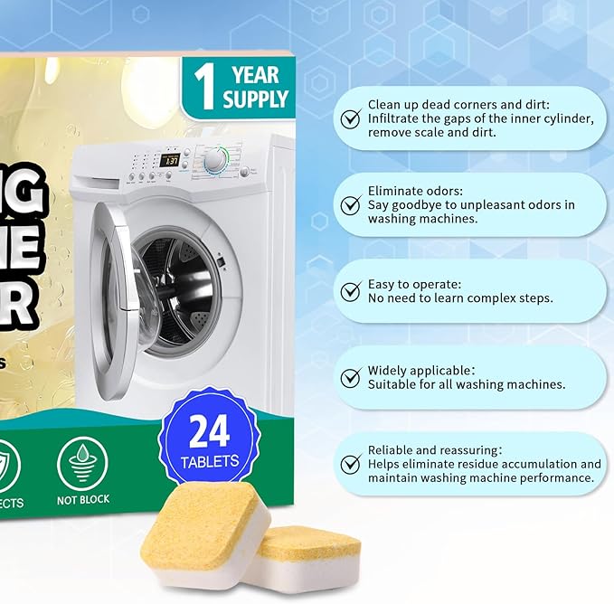 Anmoro Washing Machine Cleaner Tablets,24 Pack Deep Cleaning Tablets for HE,Front & Top Load Washers - Eliminates Odor-Causing Buildup,Debris from the Drum,and Pet Hair,Septic Safe - 1 Year Supply