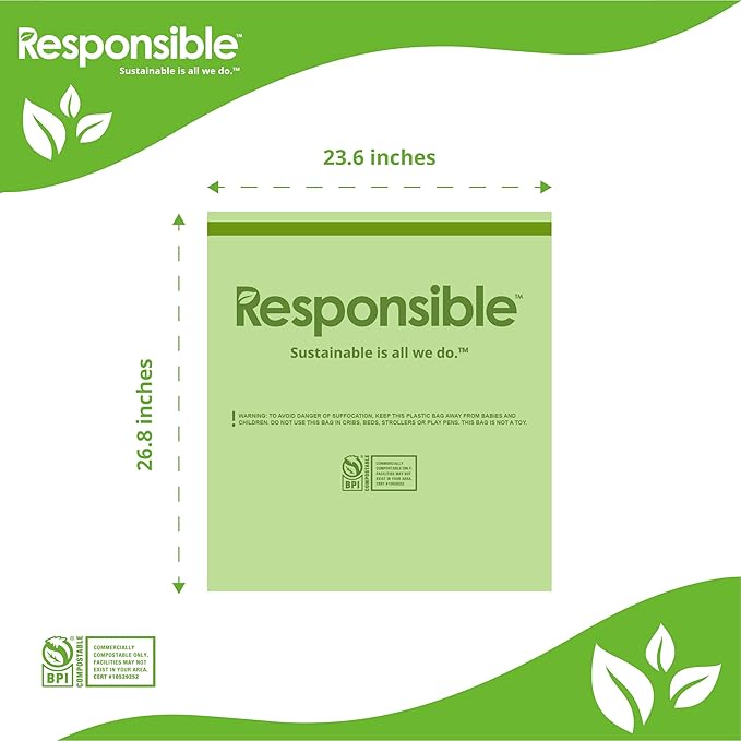 Responsible Products Kitchen Bin Liners, Certified Compostable, Heavy Duty Multipurpose Food Scrap Bags, Made from Compostable Materials (13 Gallon, 13 Gallon (120 Count))