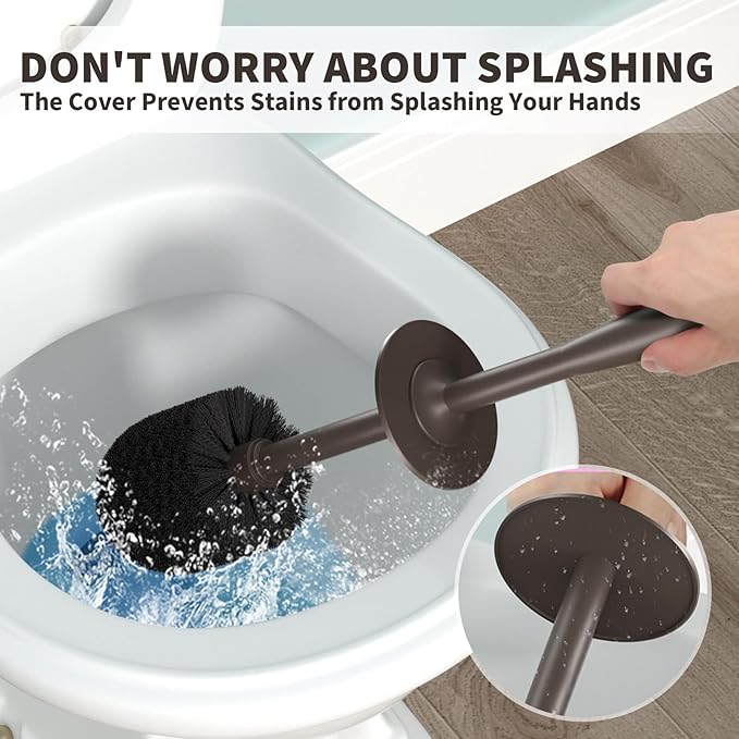 Toilet Brush and Holder 2 Pack, Toilet Bowl Brush with Extra Long Handle, Toilet Scrubber and Covered Holder, Toilet Brushes for Bathroom-Space Saving, Covered Brush, Durable, Deep Cleaning(Bronze)