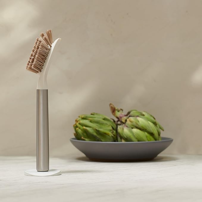 Ionic Dish Brush, Magnetized to Stand Upright, Stainless Steel with Replaceable Head, Brass/Gold