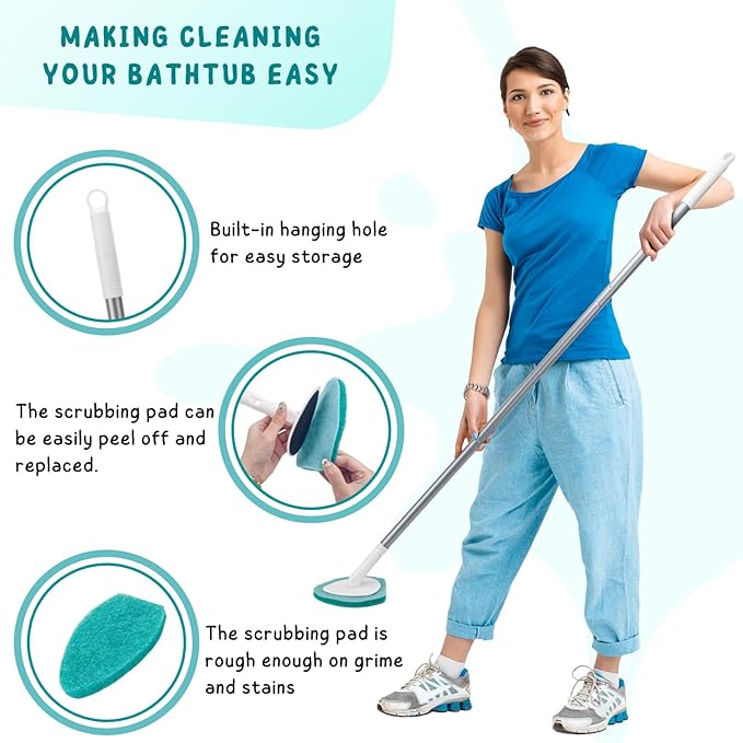 Shower Scrubber with Long Handle, 47'' Bathtub Scrub Brush, Bathroom Tub and Tile Cleaning Tool with 6 Refill Pads