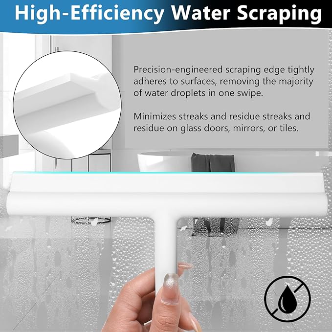 DEOFUXT Shower Squeegee for Glass Doors, Full Silicone Jacketed Squeegee with Ergonomic Handle & No-Drill Hook, Cleaning Tool for Windows, Mirrors, Tiles, Bathroom & Car - White