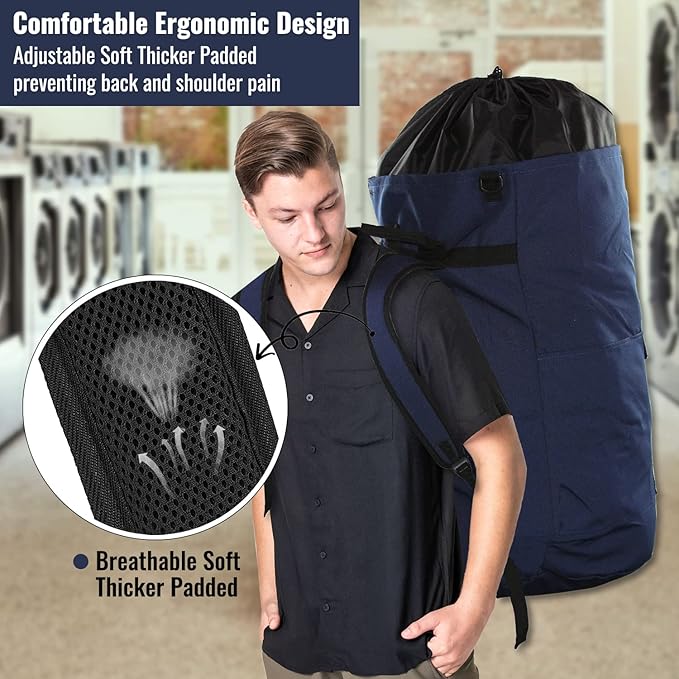 Laundry Bag Backpack, 125L Extra Large Travel Laundry Bags with Shoulder Straps, Adjustable & Extendable Design, Laundry Hamper Bag with 3 Pockets for Laundromat, College, Travel, Camping