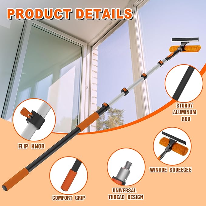 SISUPASSIE 20FT Reach 2-in-1 Window Squeegee, Professional Window Washing Kit with 3-12FT Extension Pole for Home, Indoor Outdoor Squeegee with Rotatable Head for High Windows