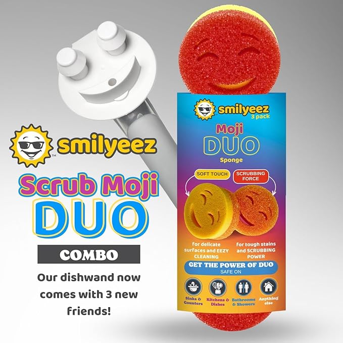 The Original Smiling Handle for Scrub Daddy (Reg. TM) Sponge and Scrub Moji Sponge - (Light Blue Handle) & 3 Scrub Moji DUO's