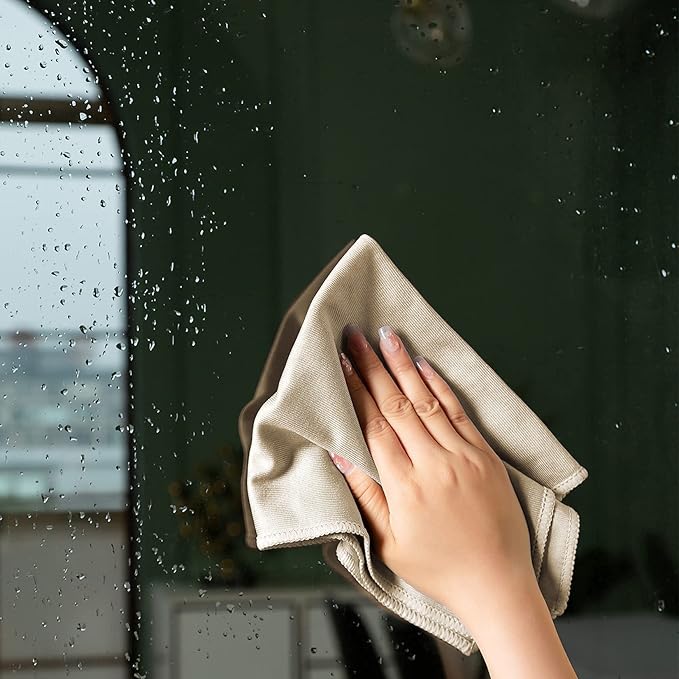 Puomue 12 Pack Microfiber Glass Cleaning Cloth, 12 Inch X 16 Inch, Lint Free Quickly Clean Windows, Mirrors, Glasses, Phone Screens, Camera Lenses, Camel