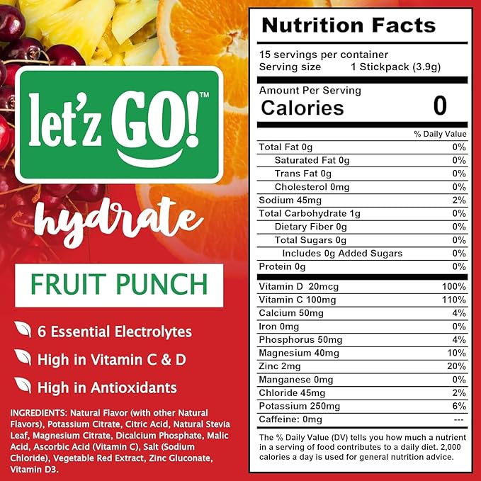 Let'z Go! Hydrate- Natural Hydration + Electrolyte Drink Mix- Hydration + Electrolytes + Antioxidant Powder Packets, Natural Flavors, Vitamins C + D | No Sugar | No Calories | (15 Count) Fruit Punch