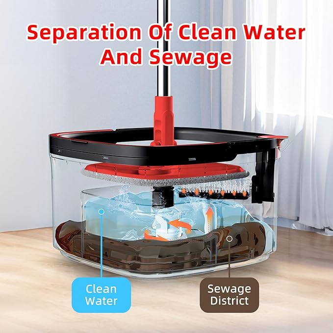 Spin Mop and Bucket Set with Separation Dirty and Clean Water System, Self Wringing 360° Rotating Clean Mop-Head and Bucket Set for Hardwood Tile Marble Floor with 2Pads-Black+Red