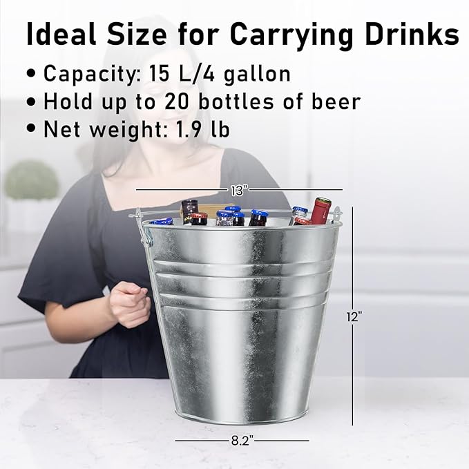4 Gallon Galvanized Ice Bucket - Large Rustproof Metal Bucket Drink Tub with Wood Handles - 13" Beverage Bucket for Party BBQ Wedding Home Décor & Storage - 13"L x 13"W x 12"H - 4 Pack