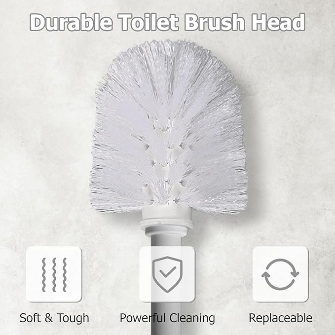 Topsky 2 Pack Compact Toilet Brush & Holder Set, Plastic Round Barrel Loo Brush with 2 Replacement Toilet Brush Head, Durable for Bathroom Toilet, Gray