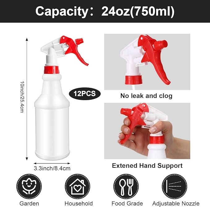 Gerrii 12 Pcs Plastic Spray Bottles with Adjustable Nozzle and Label for Cleaning 24 oz Anti Leak HDPE Spraying Bottles Empty Water Squirt Bottle (Red)