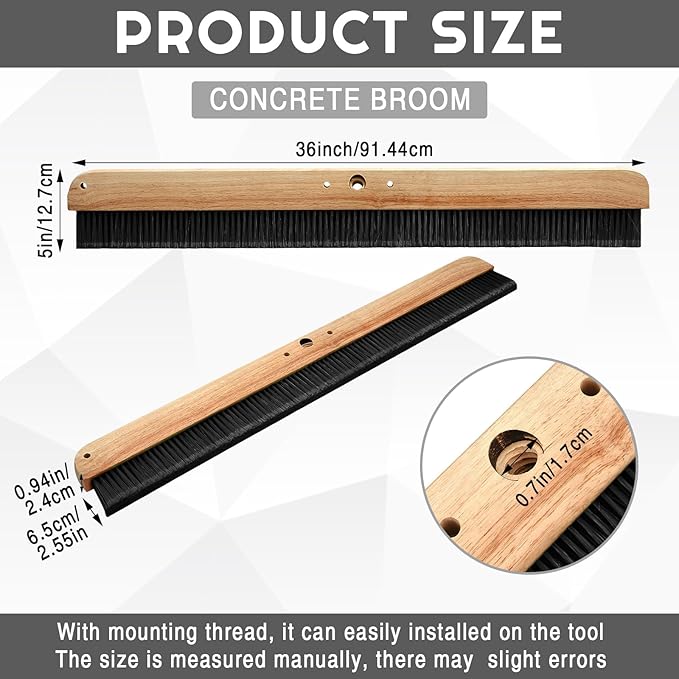 Yiyiring 1 Pack 36 Inch Concrete Broom Finishing Tools Without Handle Wood Backed Brush Push Brooms with Mounting Threads for Concrete Finishes Hard Floors Yards
