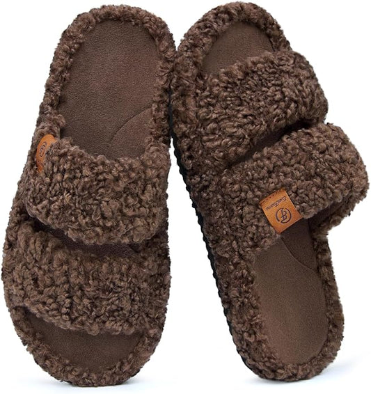 EverFoams Womens Fuzzy Open-toe Slippers Soft Comfy Memory Foam Indoor House Shoes