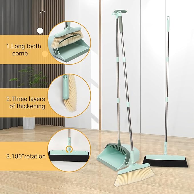 Sayene Broom and Dustpan Set,Squeegee Broom,Long Handle Broom and Dustpan Set,Broom with Stand Up Dustpan Combo Set,Squeegee - Kit for Indoor Cleaning 2+1 for Home, Office, Lobby(Green)