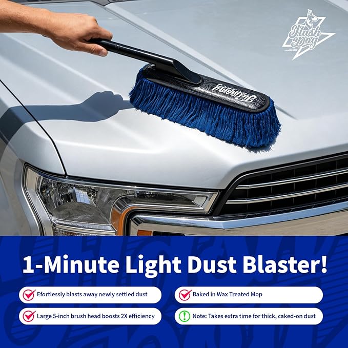 Flash Dog Car Duster Exterior Scratch Free - Wood Handle Waterless Cleaning for Cars/SUV/Truck/RV | Waxed Cotton, Portable Waterless Dust & Pollen Remover