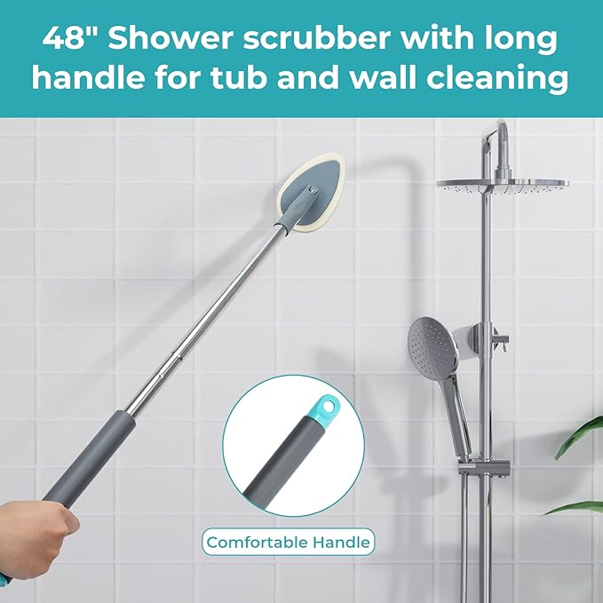 TreeLen Long Handle Shower Bathtub Tub Scrubber with 180° Head & 5 Replaceable Heads -49" Bathroom Cleaning Brush for Bathtub, Tiles, Glass (Non-Scratch Scouring Pads Included)