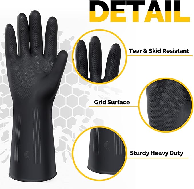 Chumia 8 Pairs Chemical Resistant Latex Gloves Heavy Duty Black Rubber Gloves Cleaning Protective Safety for Car Home Lab(Large)