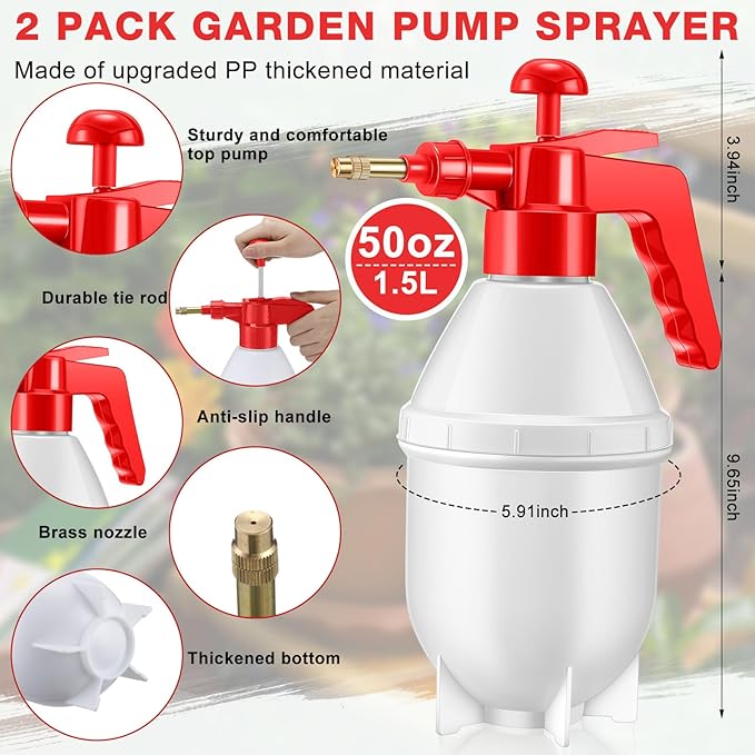 2 Pcs 50 oz Handheld Pump Spray Bottle Garden Spray Bottles Lawn Pressure Hand Pump Sprayer with Adjustable Nozzle for Chemicals Watering Weeds Garden and Car Detailing & Washing (Red)