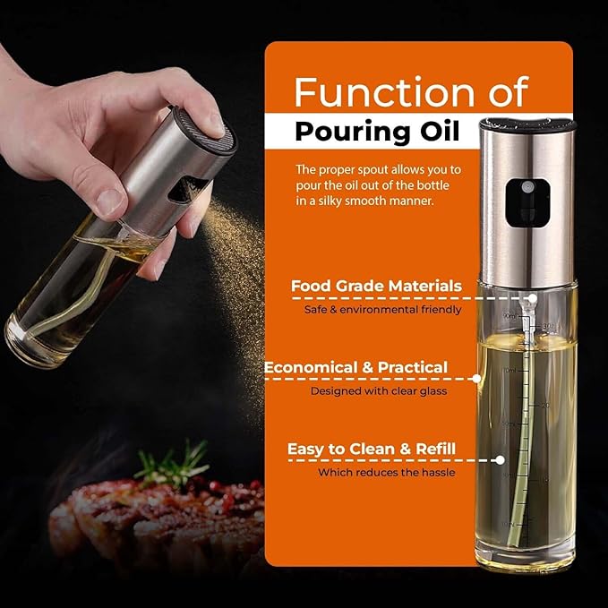 VIGOR PATH Oil Sprayer Mister - 100ml Stainless Steel Cooking Oil Sprayer Bottle for Air Fryer, BBQ, Salad, Baking, and Roasting - Refillable Oil, Vinegar, Sprayer for Kitchen Gadgets - Pack of 2