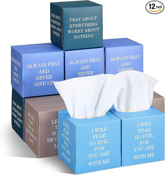 12 Pack Bible Verse Facial Cube Tissues Boxes 600 Sheets 3 Ply Small Christian Square Face Tissues Bulk for Thanksgiving Christmas Day Car Bedroom Supplies