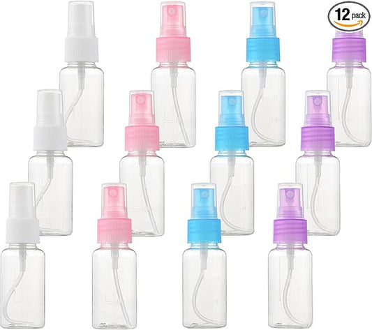 SINIDE Spray Bottles 30ml/1oz, 12 Pack Clear Empty Fine Mist Plastic Mini Travel Bottle Set, Portable Refillable Makeup Sprayer Containers for Perfume, Liquids, Aromatherapy, Small Size