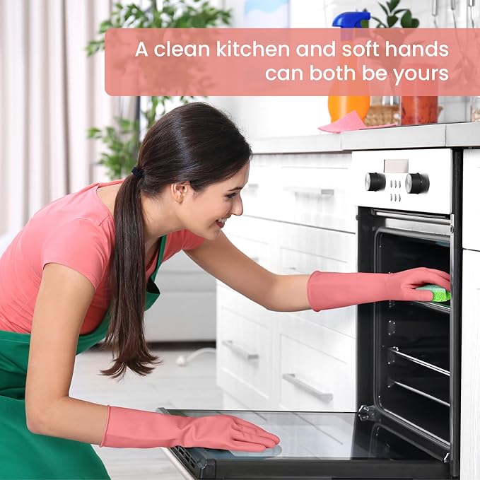Rubber Cleaning Gloves for Dishwashing, 4 Pairs Reusable Kitchen Gloves for Washing Dishes and Household Cleaning, Pink Dish Gloves with Flocked Lining and Non-Slip Grip, Pefect for Woman Men - L