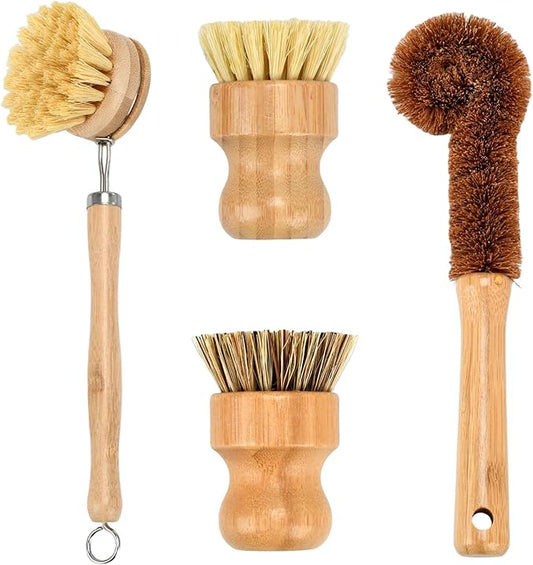 4 Piece Bamboo Dish Brush Set - Bamboo Dish Bottle Brush with Sisal, Dish Scrubber for Kitchen Cleaning Dishes, Pots, Pans