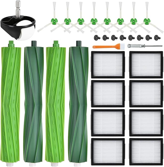 APZOVO 19 Pack Replacement Parts for iRobot Roomba i7 i7+ i3 i3+ i4 i4+ i5 i5+ i6 i6+ i8 i8+ E5 E6 E7 j6 j6+ j7 j7+ Combo i5 i5+ j5 j5+, 4 Roller Brush 8 Filter 8 Side Brush 1 Front Caster Wheel