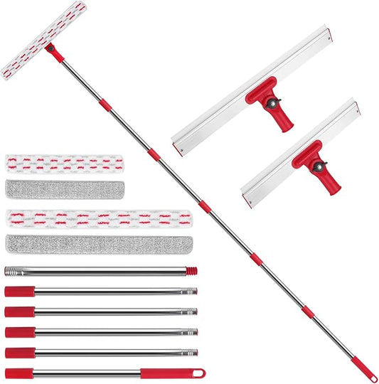 Wa.IE Jiemi Window Cleaner Tool Set, 86.6'' Window Washing Kit with 6-Section Extension Pole, Window Cleaning Tool with 2 Sizes of Rubber Squeegees, Window Squeegee for Home Car Glass Window Cleaning