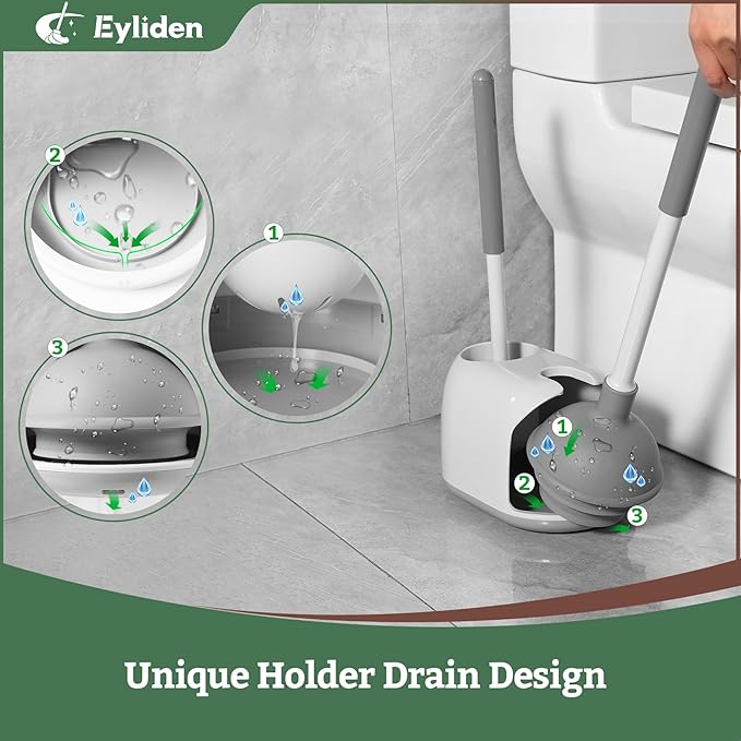 Eyliden Toilet Plunger & Brush Set, Upgrade 3-Step Suction Cup - Ultra-Tight Seal, Durable, Space-Saving Toilet Deep Cleaning Combo with Holder, Bathroom Essentials (1 Pack, White & Grey)