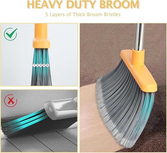 XXFLOWER Broom and Dustpan Set, Dustpans with Broom Combo for Home, Heavy Dust Dustpan and Broom Combo, Long Handle Dust Pan and Broom Set for Kitchen, Office, Pet Hair(Gray Yellow)