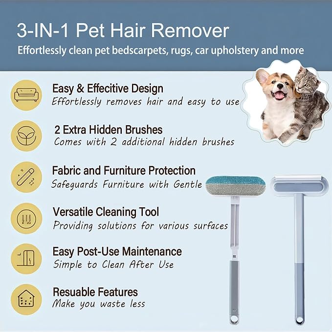 Pet Hair Remover 4-in-1 Reusable Dog Cat Hair Cleaning Removal Brush with Extra Long Handle for Furniture, Carpet, Clothes, Bedding, Floor, Car, Window