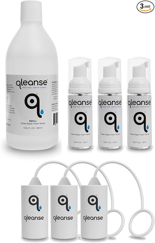 Qleanse Toilet Paper Foam Spray and Caddy (Family Pack)