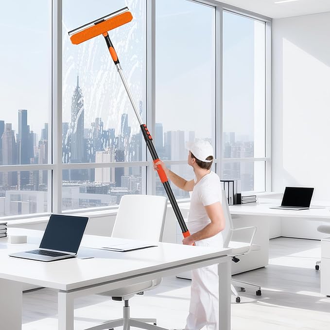 Jhkopqe 26FT Telescoping Window Cleaning Kit with 14" Squeegee - 2-in-1 Professional Window Scrubber & Extension Pole - Extra Long High-Reach Glass Cleaner Tool for Indoor & Outdoor High Windows, RV