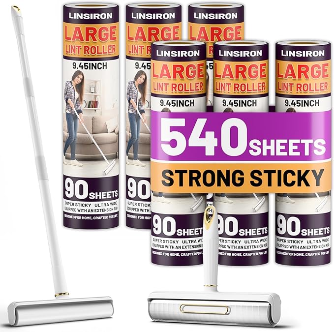 LINSIRON Large Lint Roller Pet Hair Remover 540 Adhesive Sheets Rollers 9.45 Extra Sticky Dog Cat Adjustable Handle 7.9-47.6 Inch, 6 Replaceable Rolls 90 Sheets Each, 3 Extension Rods for 4 Heights