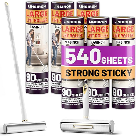 LINSIRON Large Lint Roller Pet Hair Remover 540 Adhesive Sheets Rollers 9.45 Extra Sticky Dog Cat Adjustable Handle 7.9-47.6 Inch, 6 Replaceable Rolls 90 Sheets Each, 3 Extension Rods for 4 Heights