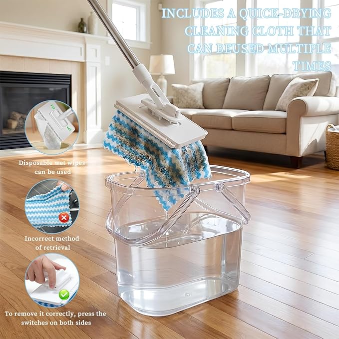 Snap Grip Mini Mop,Gap Cleaner with No-Touch Pad Change, Extendable Retractable Flat Mop for Under Couch/Bed, 360° Swivel Head Hard to Reach Corner Duster, Includes 5 Washable Microfiber Pads